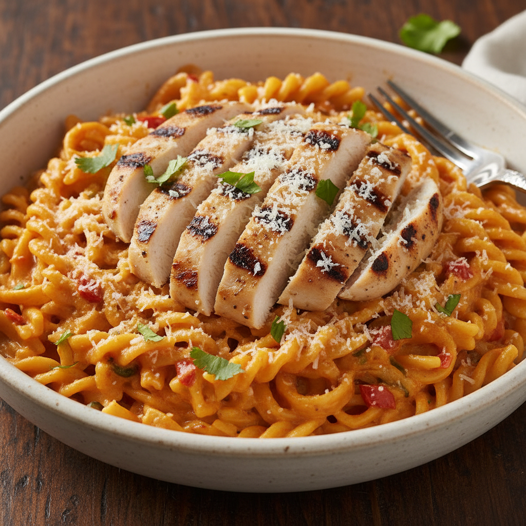 Delicious chipotle chicken alfredo pasta plated