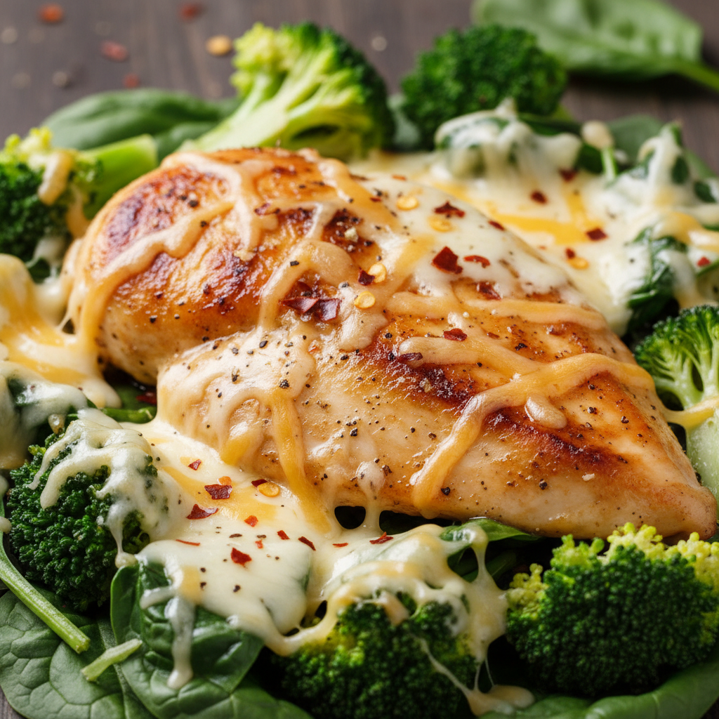 Cooking keto garlic chicken with broccoli and spinach