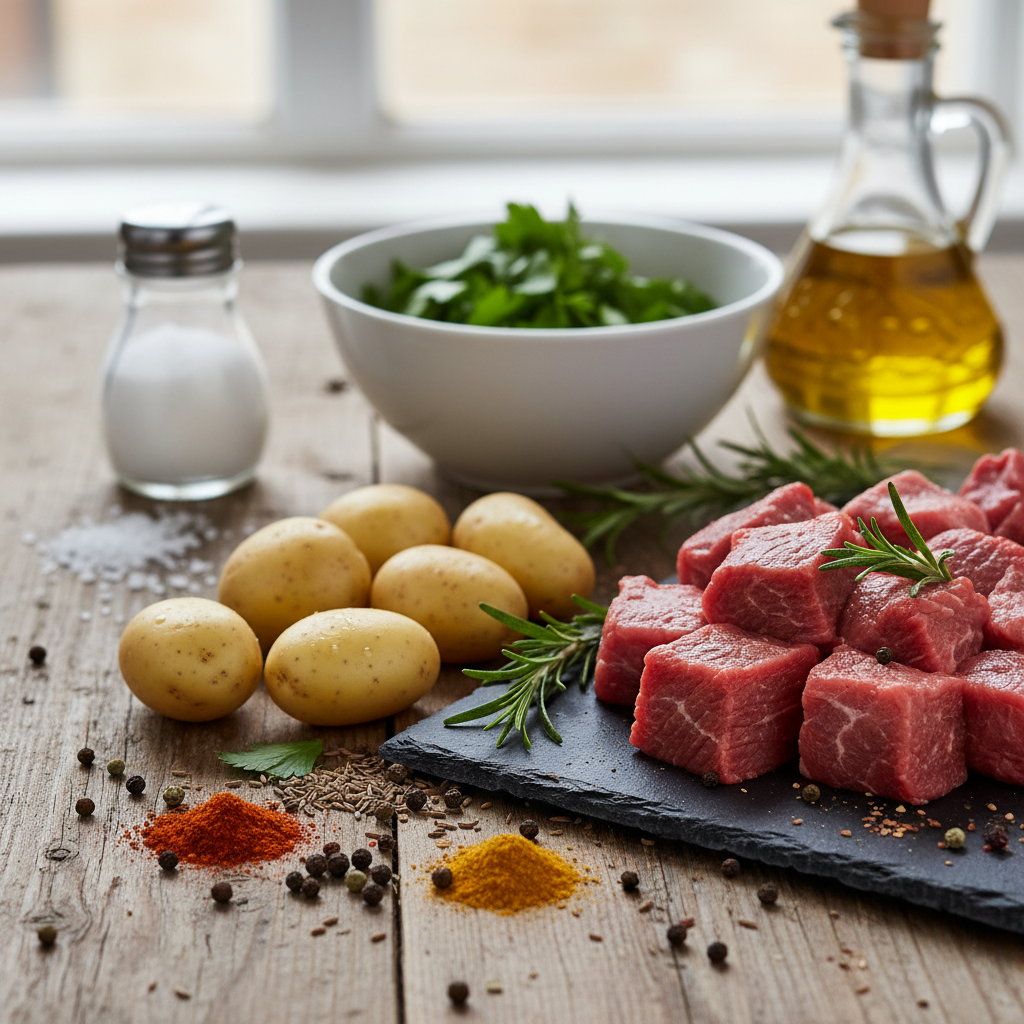 Ingredients for one pan beef steak and potatoes