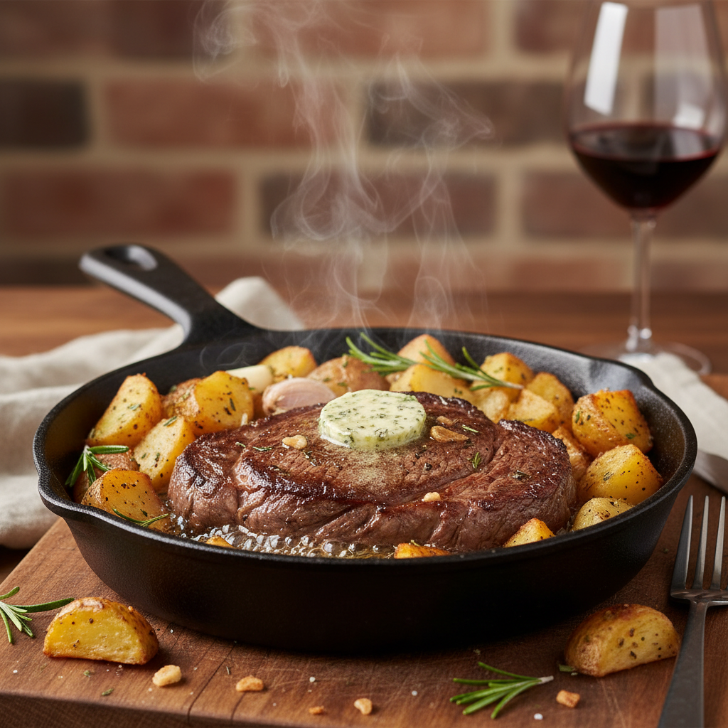 One pan beef steak and potatoes dish