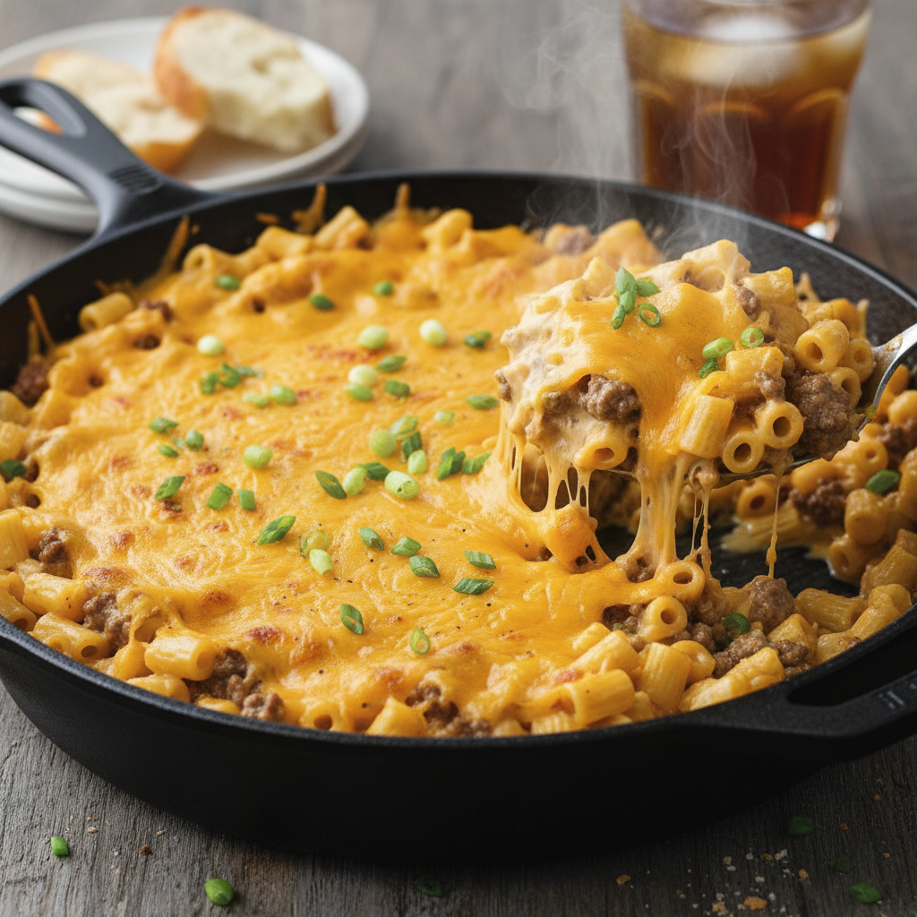 One pot beef and cheddar ranch pasta ingredients in skillet