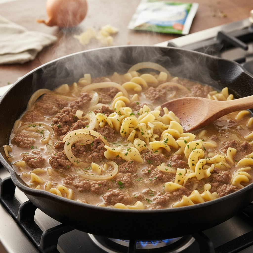 Ingredients laid out for beef and cheddar ranch pasta