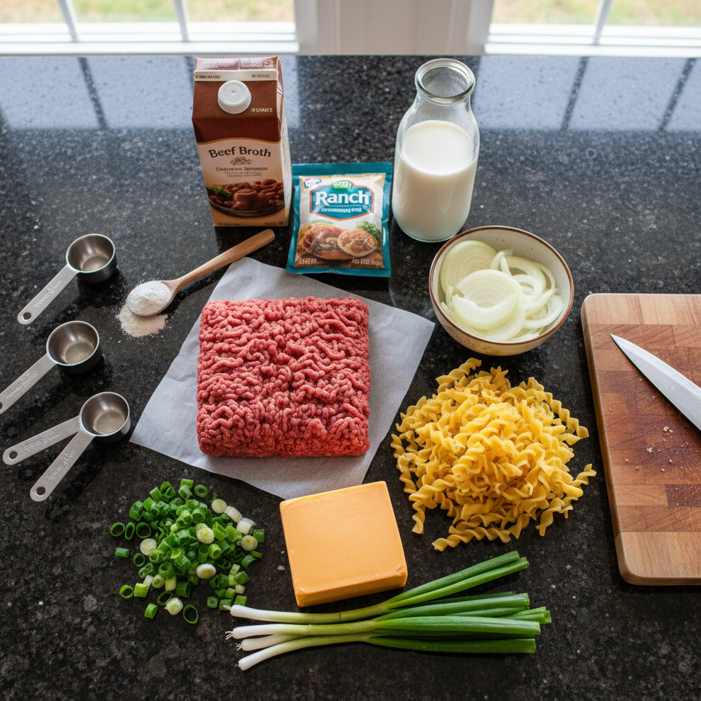 Creamy and cheesy beef and cheddar ranch pasta in pot