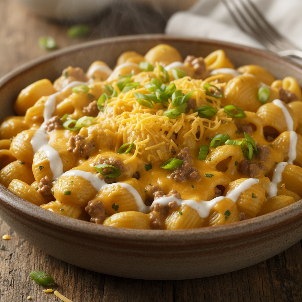 Chef cooking beef and cheddar ranch pasta in pot