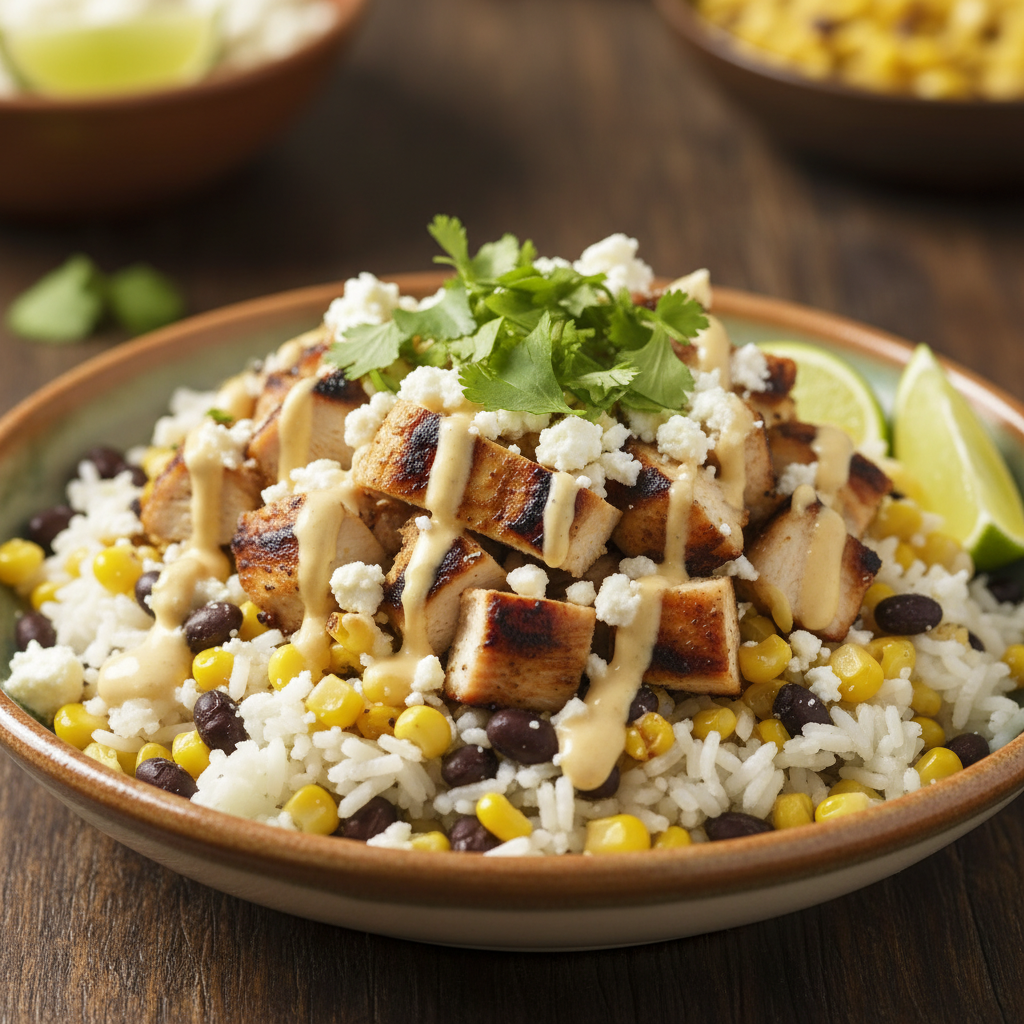 Mexican street corn chicken rice bowl served with toppings
