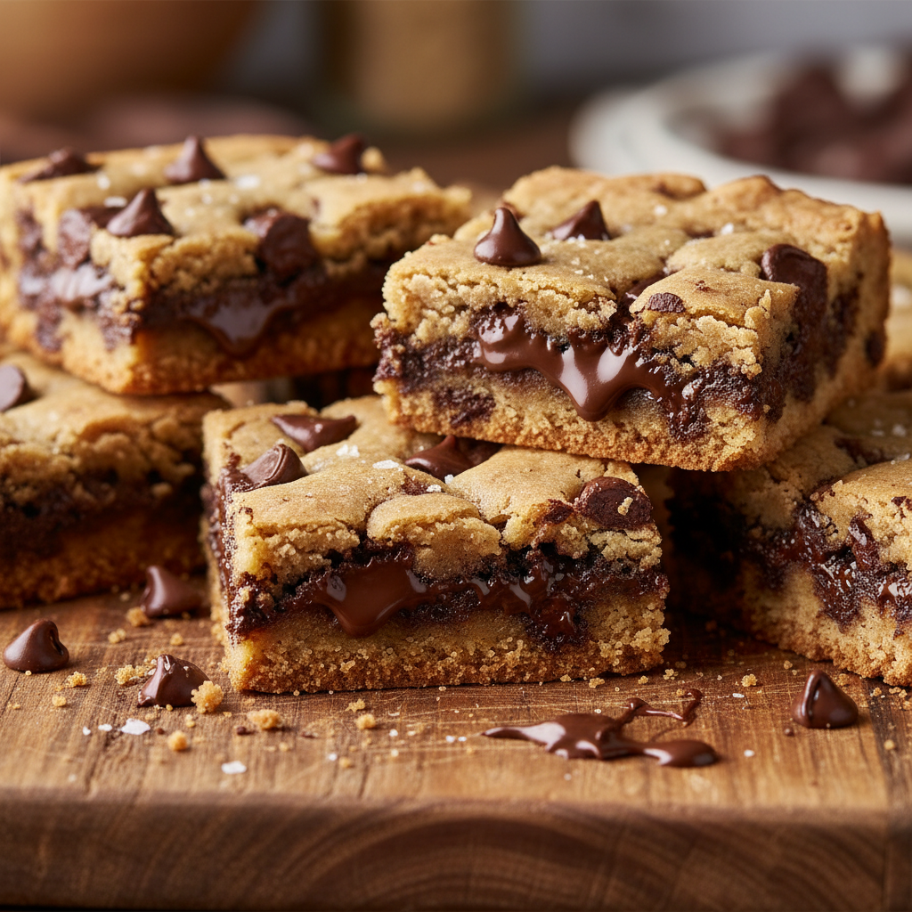 Chocolate chip cookie bars baking in oven