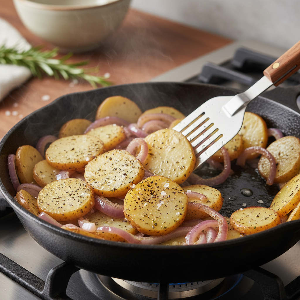 Potatoes being sliced in thin pieces