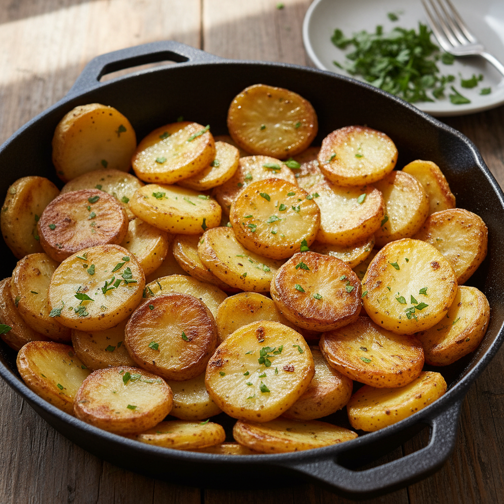 Cooked skillet potatoes with onions presented