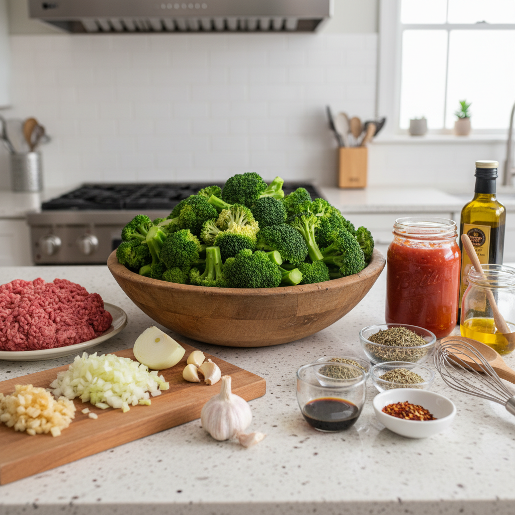 Ingredients for ground beef and broccoli sauce