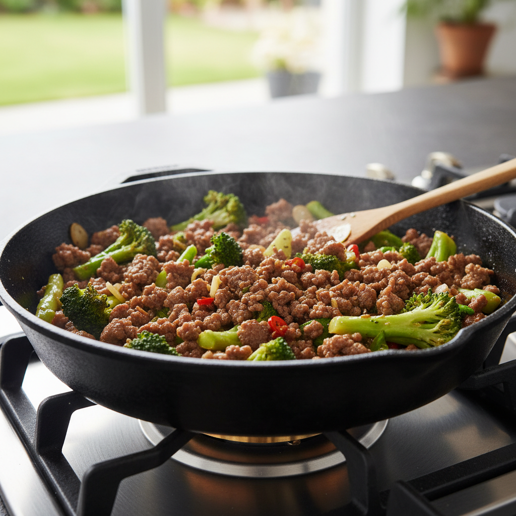 Ground beef and broccoli meal preparation