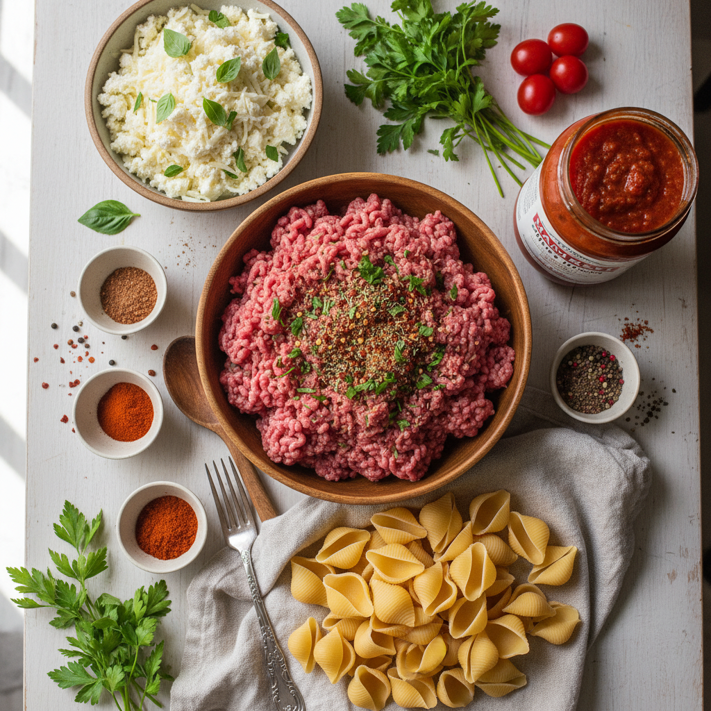 Ingredients for Cheesy Beef and Shells