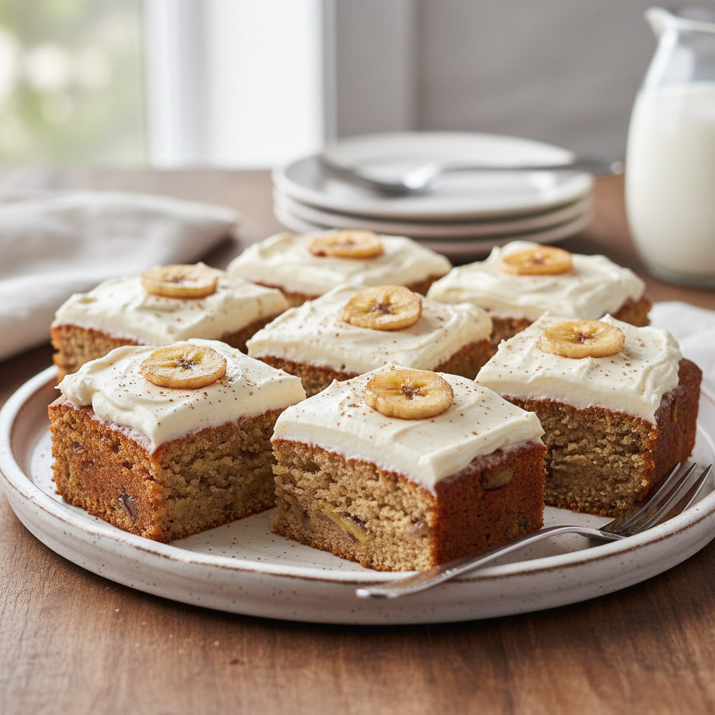 Finished banana bars with cream cheese frosting ready to serve