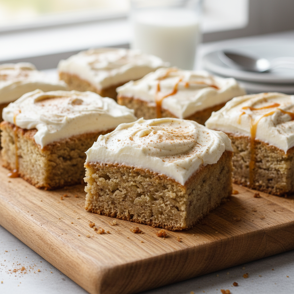 Close up of freshly baked banana bars with chocolate chips