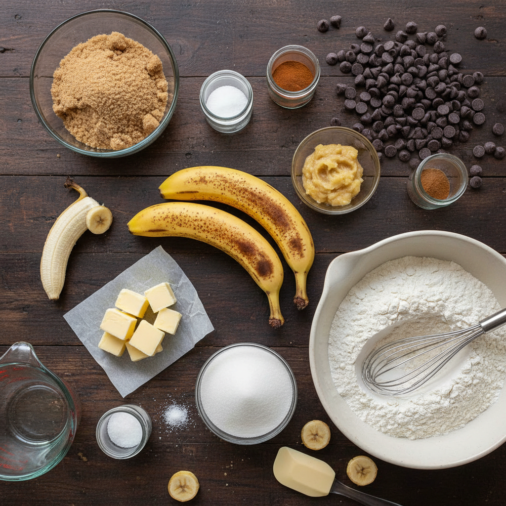 Ingredients for banana bars including sugars, bananas, and butter on a counter