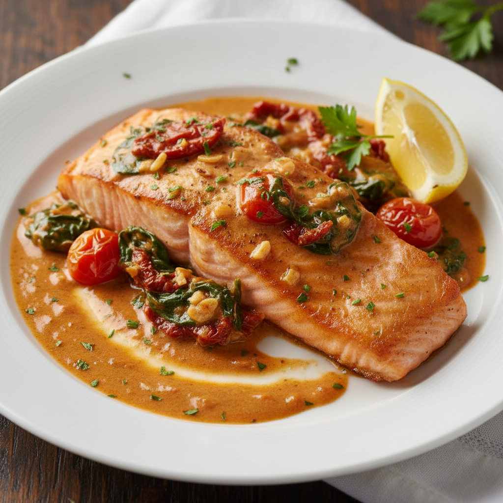 Cooking garlic butter Tuscan salmon step by step