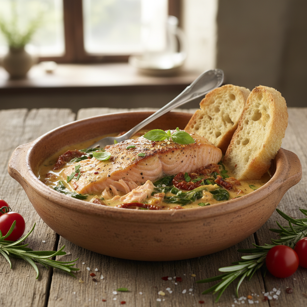 Sizzling garlic butter Tuscan salmon in pan