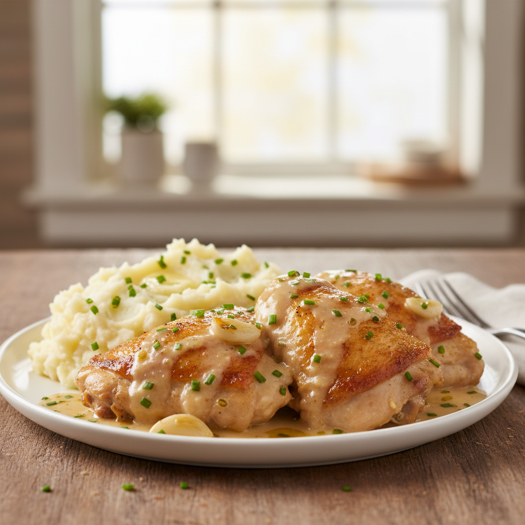 Baked chicken with creamy garlic sauce served