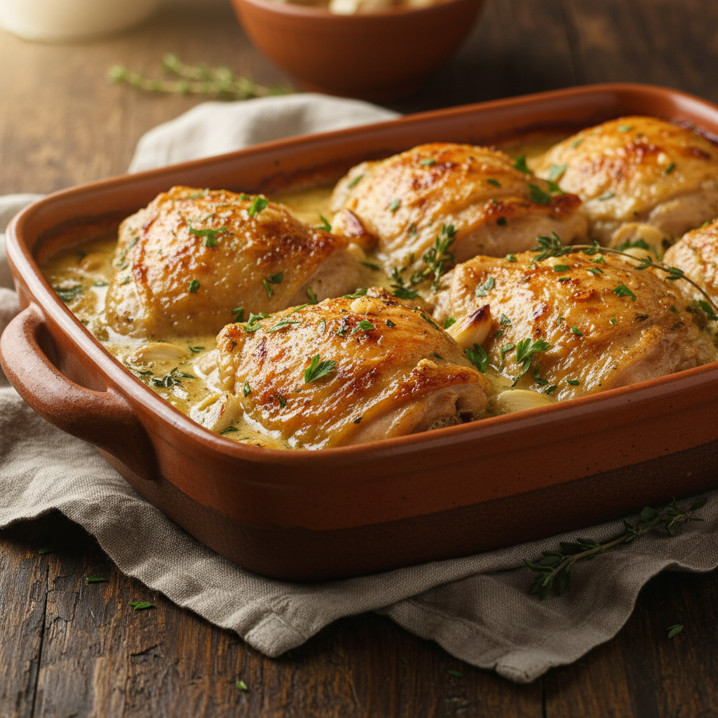 Creamy garlic baked chicken in pan