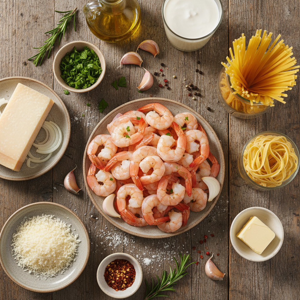 Ingredients for Creamy Garlic Shrimp Pasta