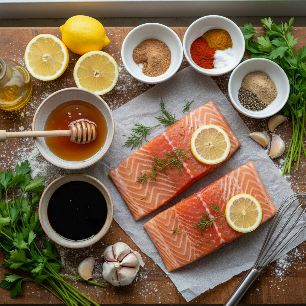 Ingredients for baked honey garlic salmon