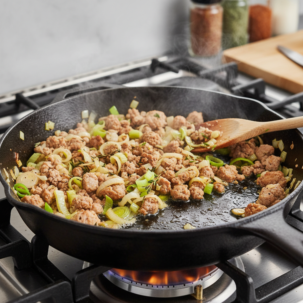 Cooking instructions with pan and ingredients