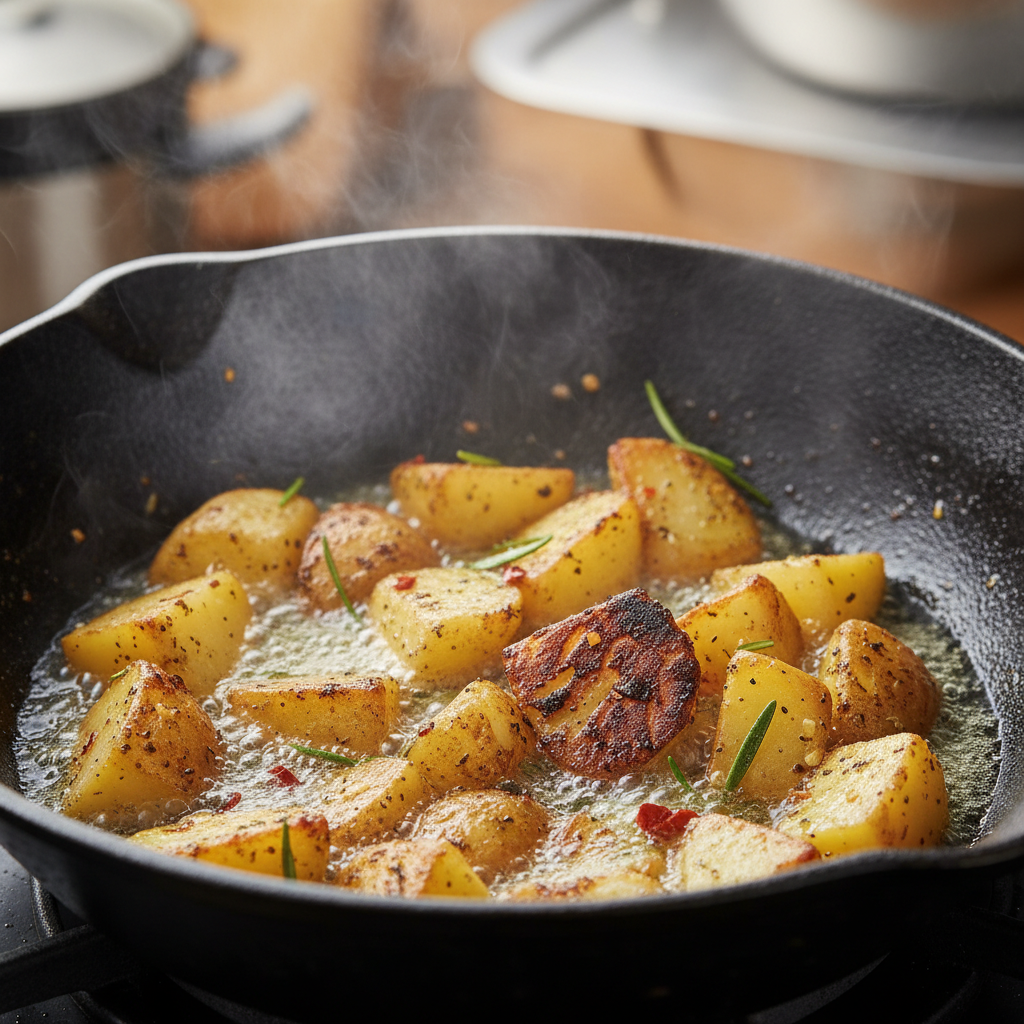 Cooking process of ground beef and potatoes stir-fry