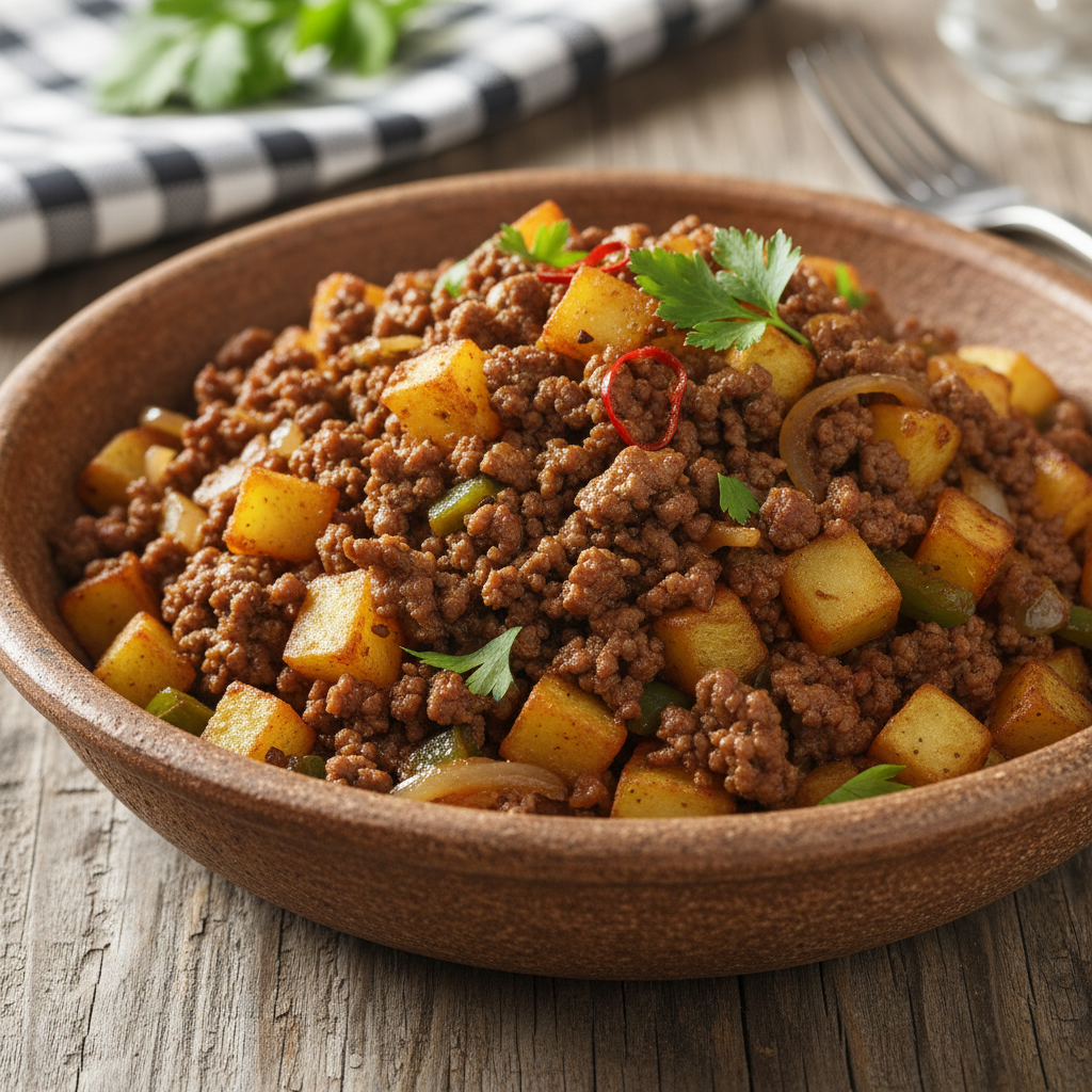 Ground beef and potatoes stir-fry ingredients