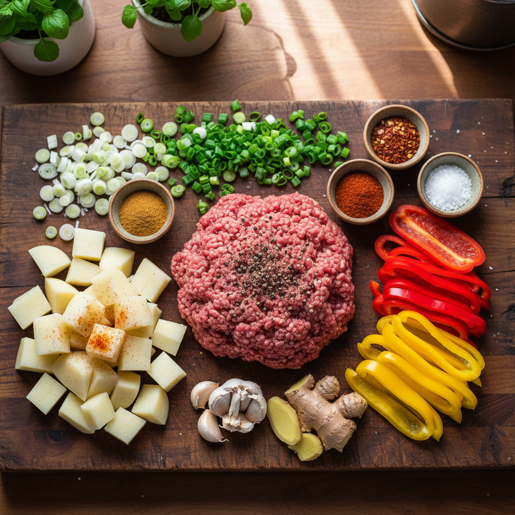 Ingredients for ground beef and potatoes stir-fry