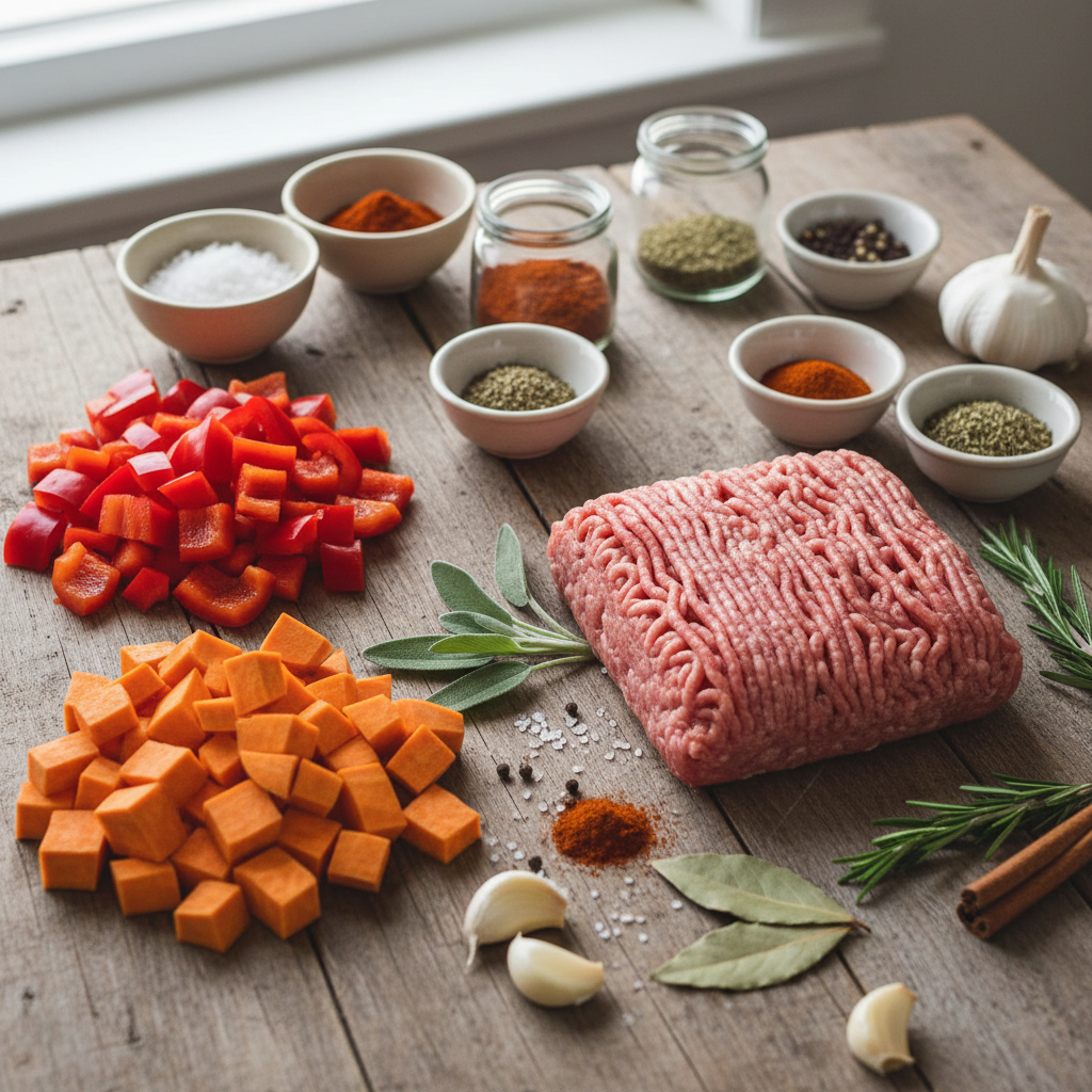 Ingredients for the ground turkey sweet potato skillet