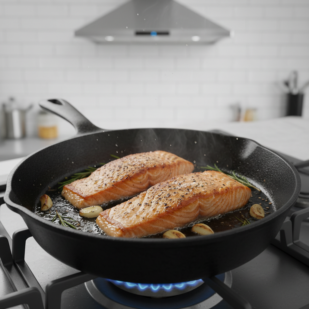 Cooking honey garlic glazed salmon in skillet