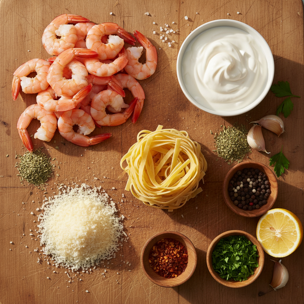 Ingredients for Creamy Shrimp Alfredo