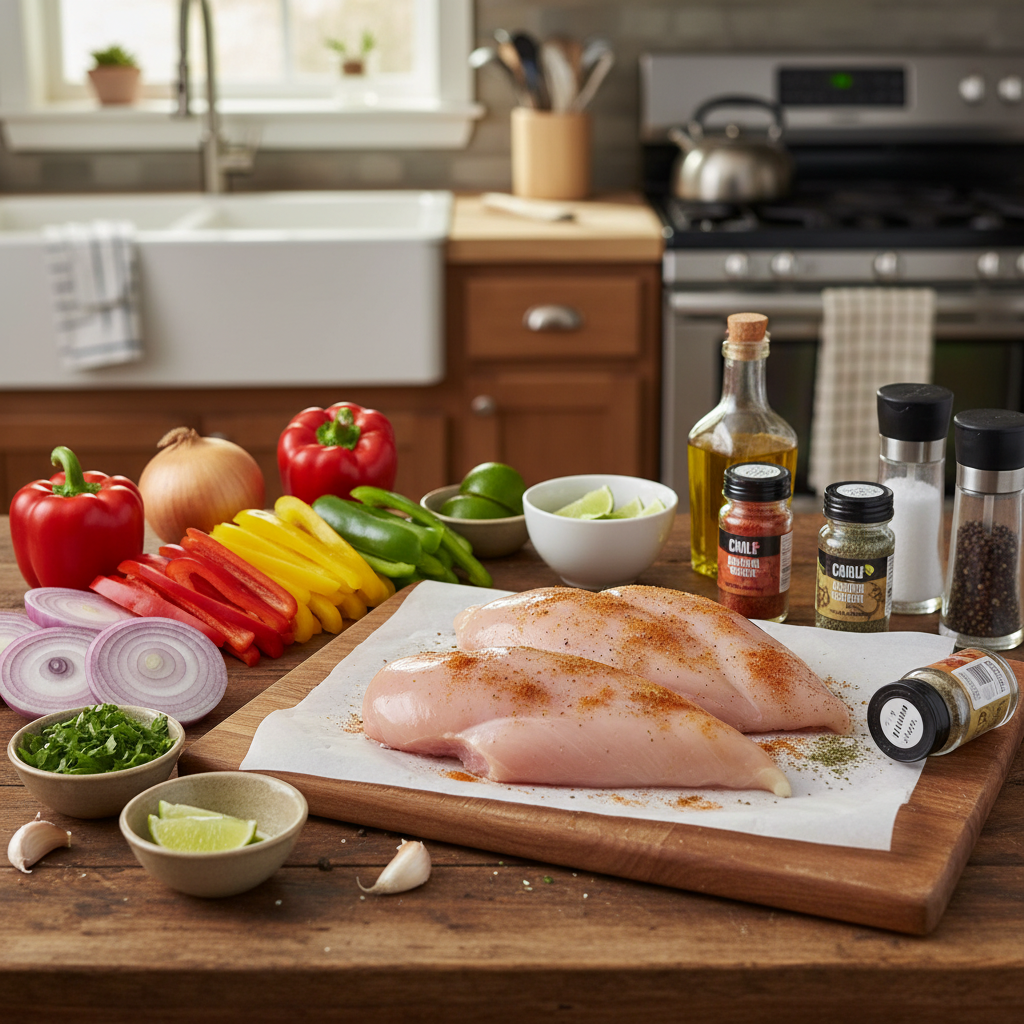 Ingredients laid out for chicken fajitas marinade and preparation