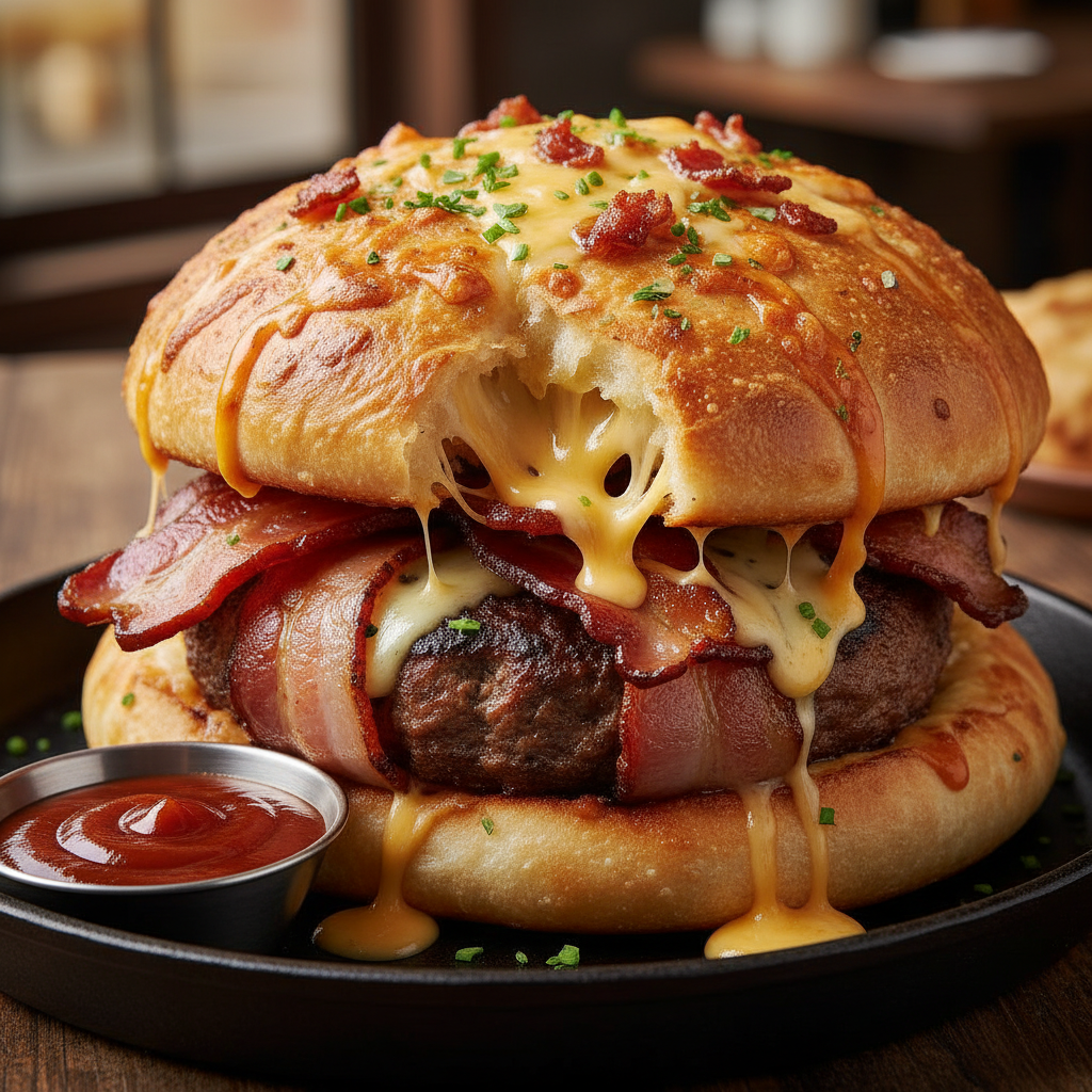 Smoked cheeseburger inside pizza dough