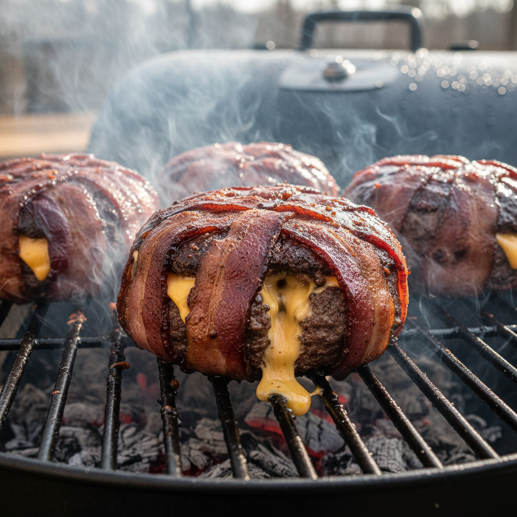 Instructions for bacon-wrapped smoked cheeseburger