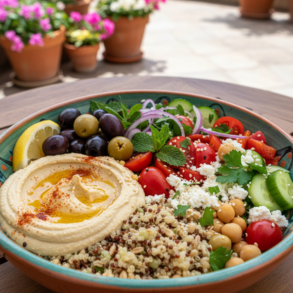 Mediterranean diet bowls with fresh vegetables and grains