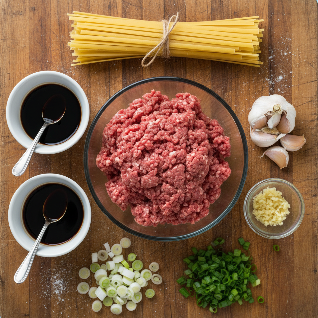 Ingredients for Mongolian Ground Beef and Noodles