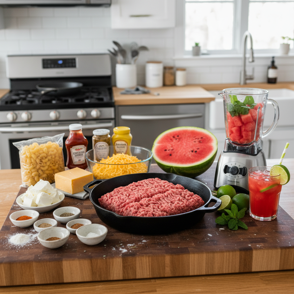 Ingredients for Cheeseburger Mac and Watermelon Drink