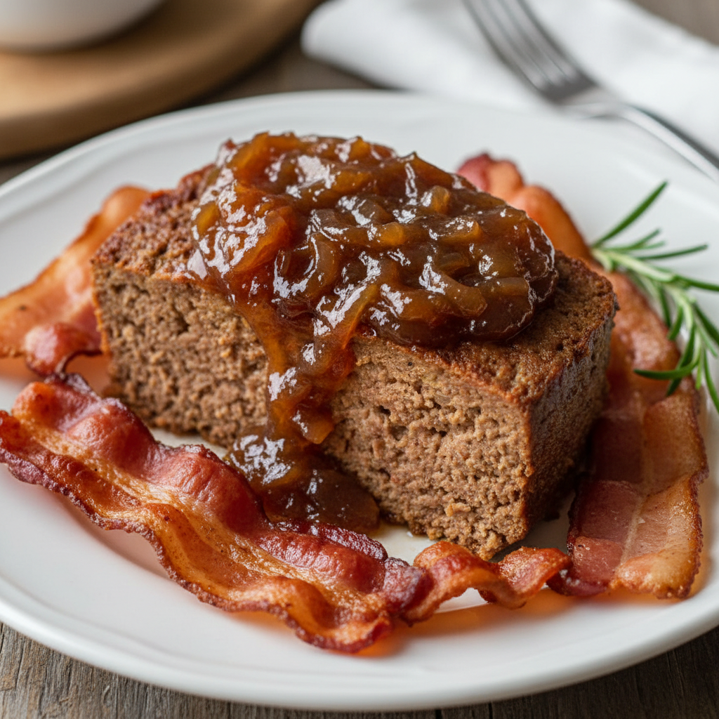 Cooked meatloaf with bacon and sweet onion jam