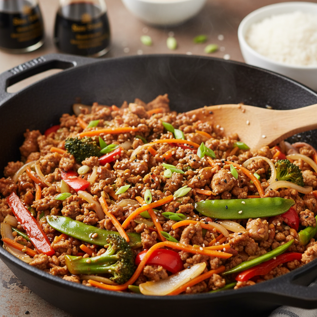 Ground turkey cooking in wok
