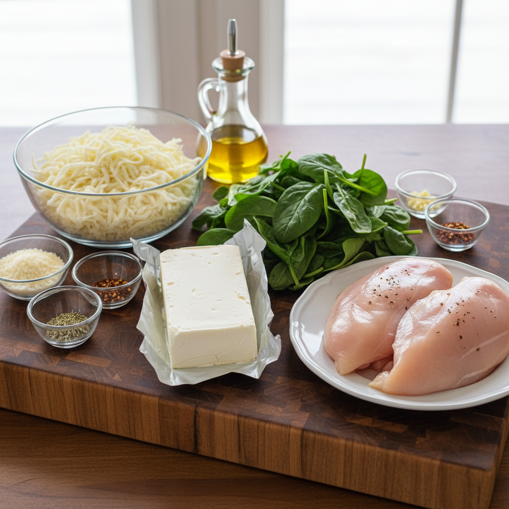 Ingredients for Cheesy Creamy Spinach Stuffed Chicken prepared