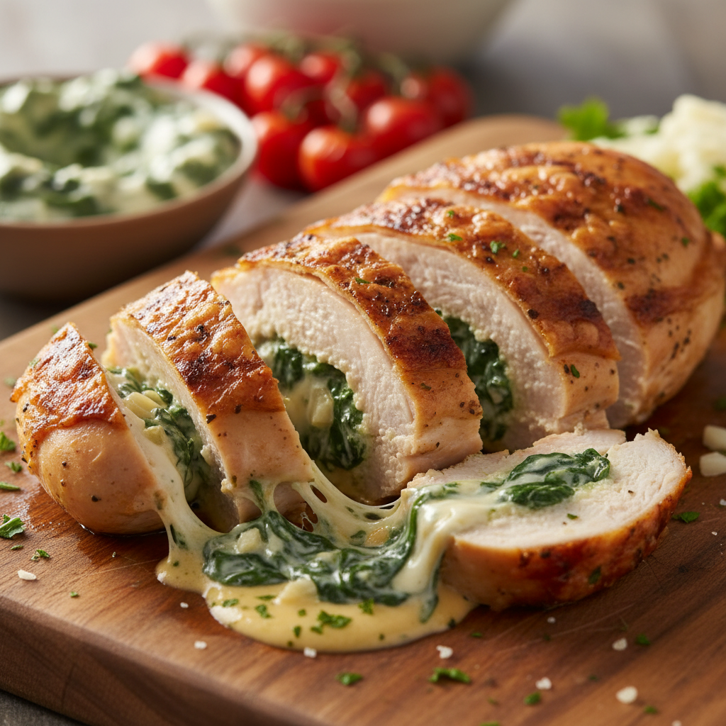 Cheesy Creamy Spinach Stuffed Chicken dish on plate