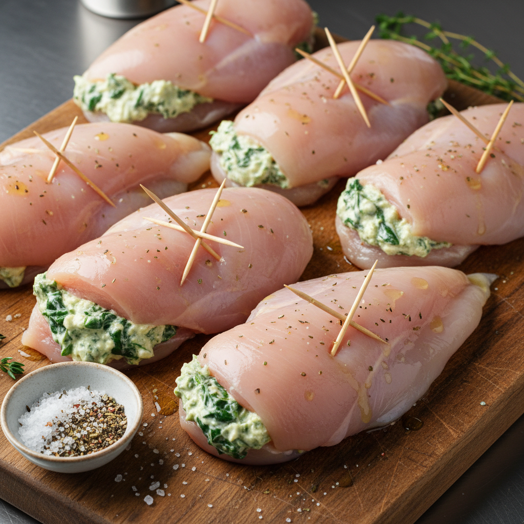Cook preparing Cheesy Creamy Spinach Stuffed Chicken in kitchen