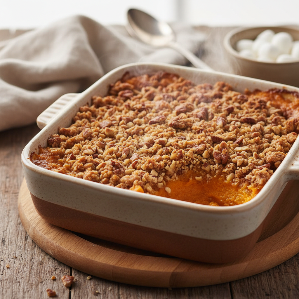 Holiday sweet potato casserole preparation