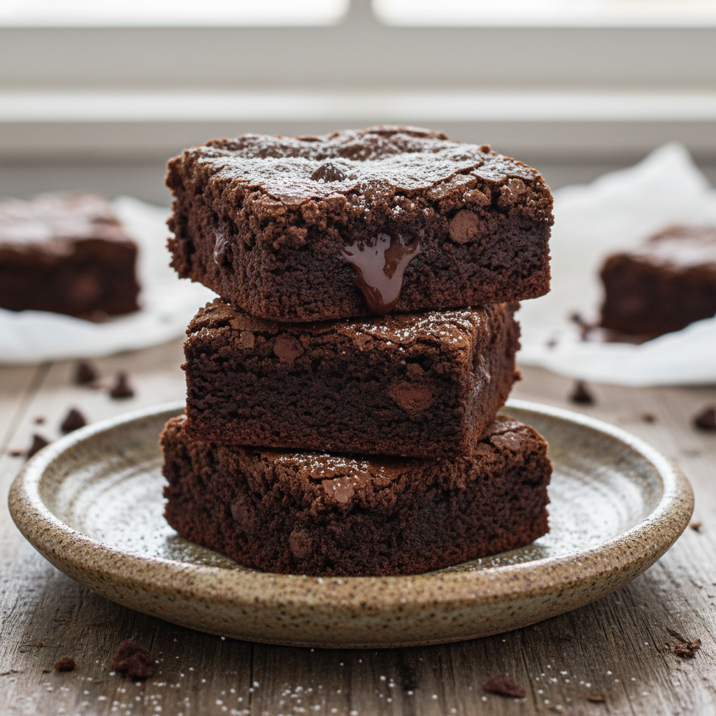 Delicious rich fudgy brownies on a wooden plate