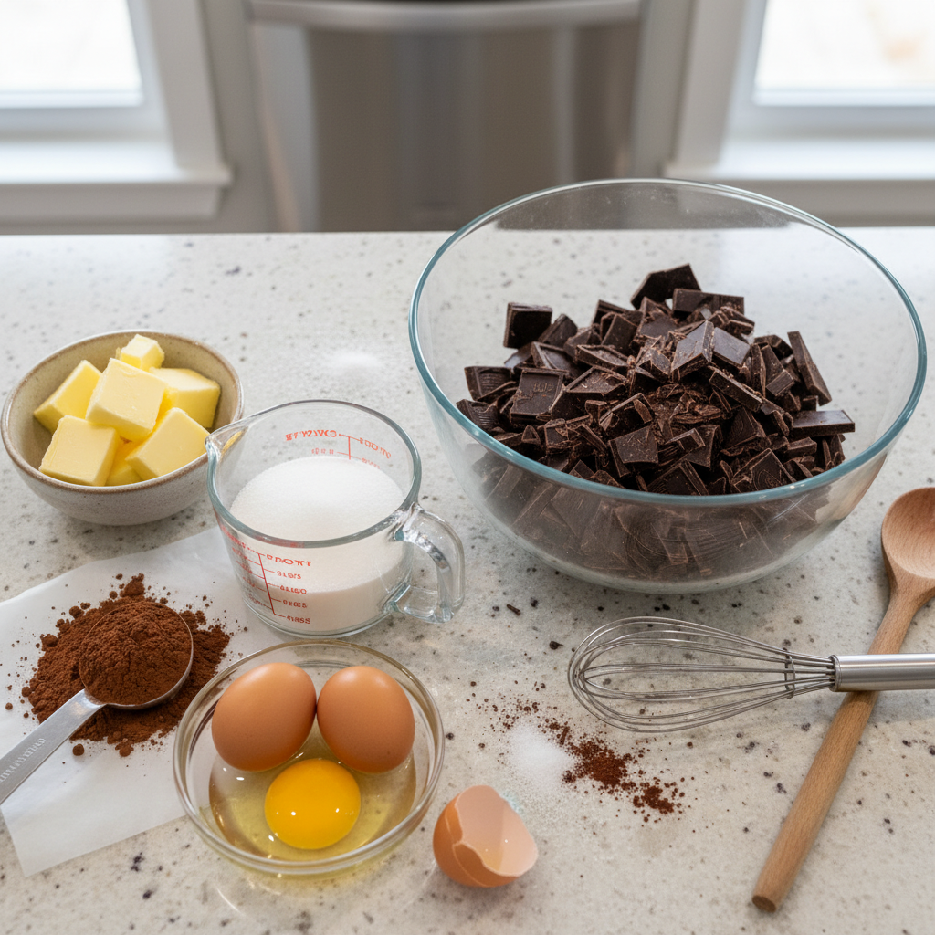 Ingredients for brownies arranged on a table