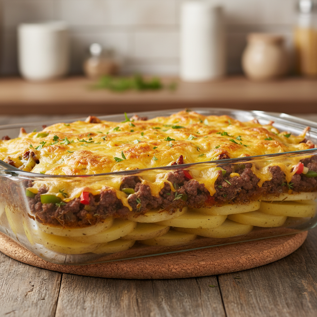 Ingredients for cheesy potatoes and hamburger casserole