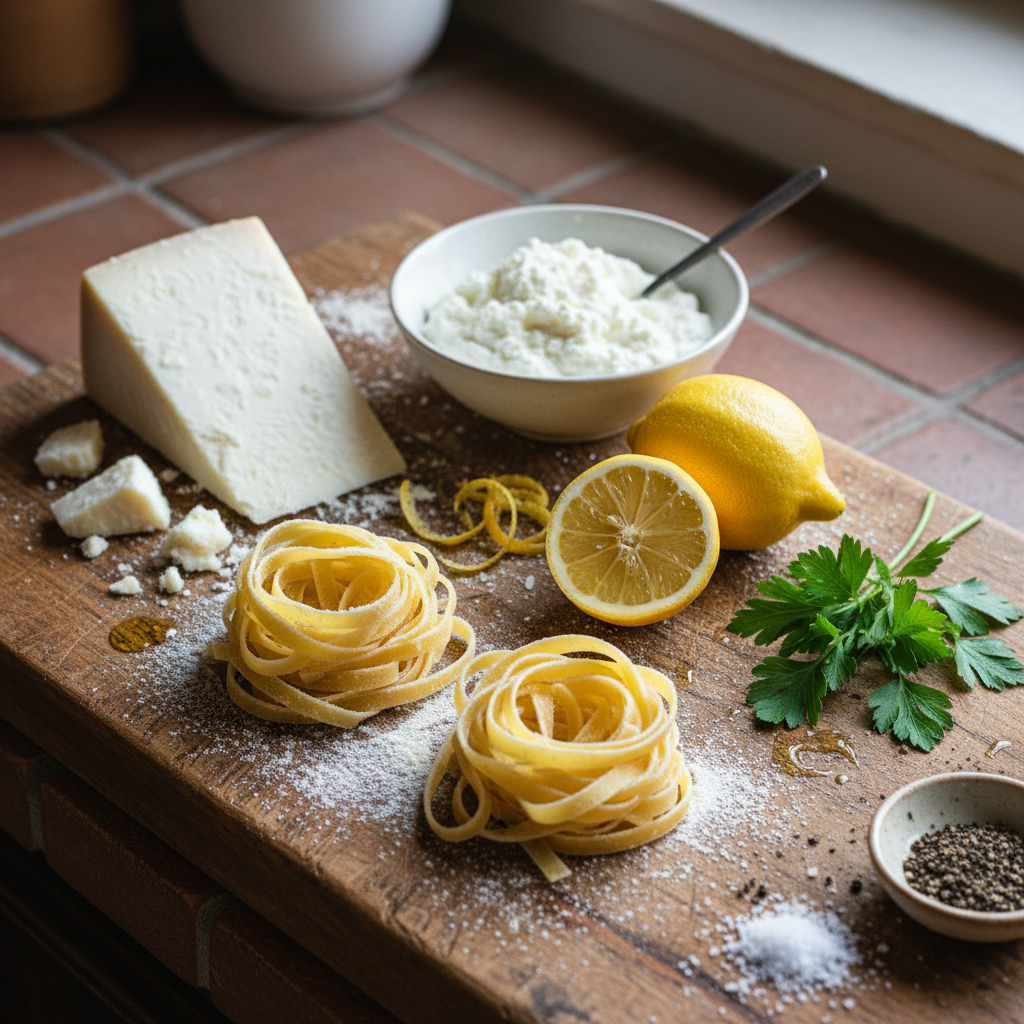 Ingredients for lemon ricotta con fettuccine pasta