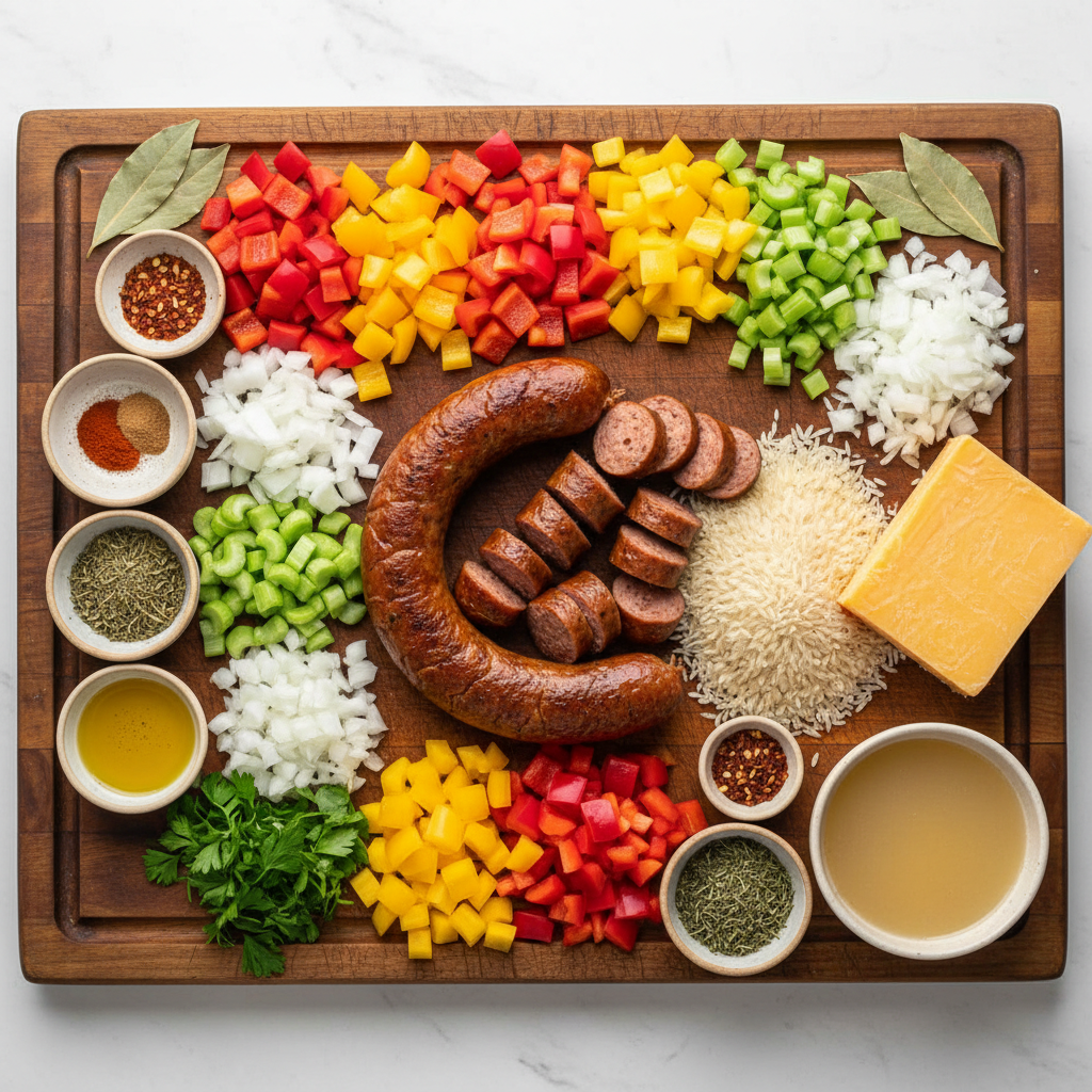 Ingredients for Cheesy Sausage Rice Skillet