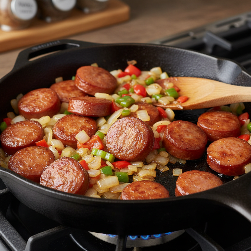 Instructions for Cheesy Sausage Rice Skillet